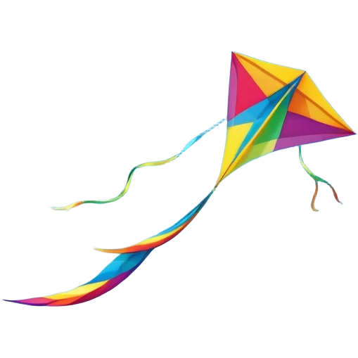 A colorful kite soaring high in the sky on a sunny day, with a long, flowing tail trailing behind. The background features an open field or beach, capturing the joy and freedom of flying kites, with gentle winds and a peaceful atmosphere. emoji