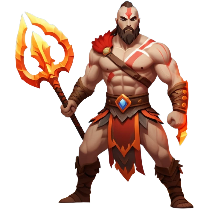 An icon showing a powerful warrior wielding a weapon, inspired by God of War: Ragnarok. The design captures the character’s strength, with dynamic motion lines. A fiery, mythological background with mountains and ruins enhances the epic atmosphere. Transparent background. emoji