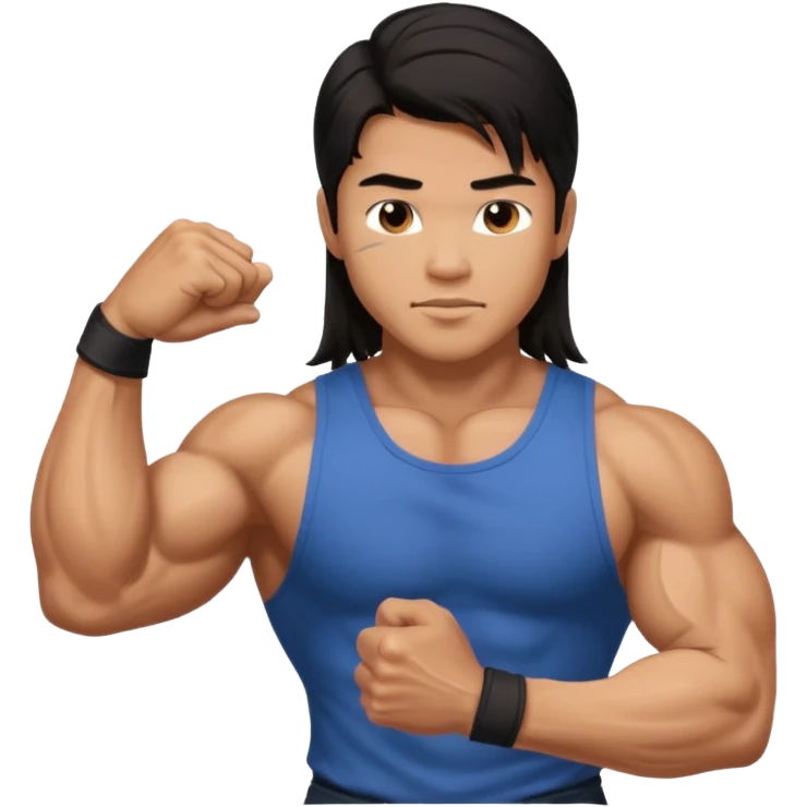 muscled asian guy showing biceps, long dark hair emoji
