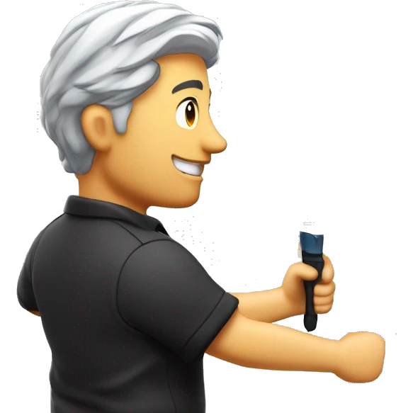 Technician with grey hair wearing a black polo shirt fixes a TV to a white wall of an exhibition Booth using a screwdriver emoji