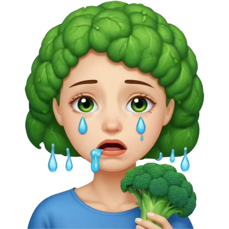 Woman crying eating broccoli. make tears blue color emoji