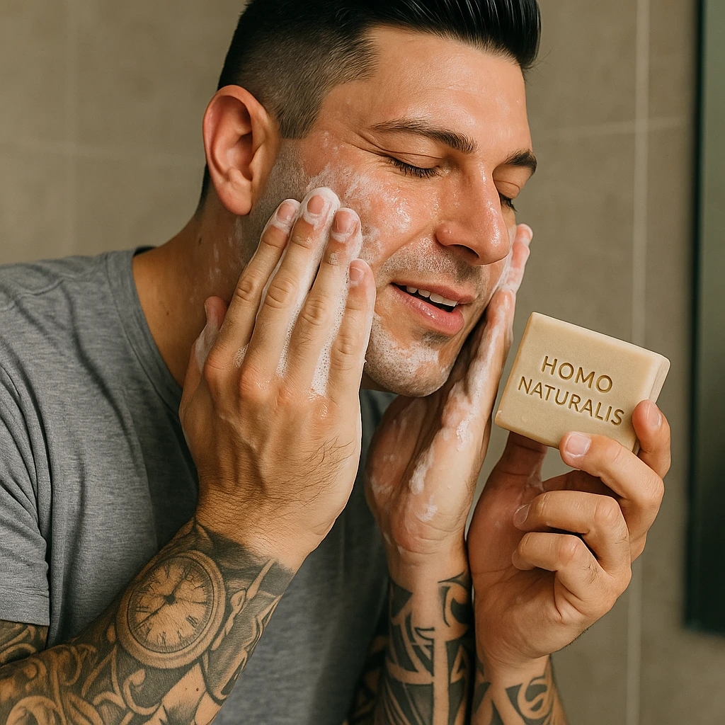 Create a realistic image of a man washing his face with a soap called 'Homo Naturalis'. The man's face and appearance should closely resemble the person in the reference photo. Show the soap with the name clearly visible. The tone should be natural and positive. emoji