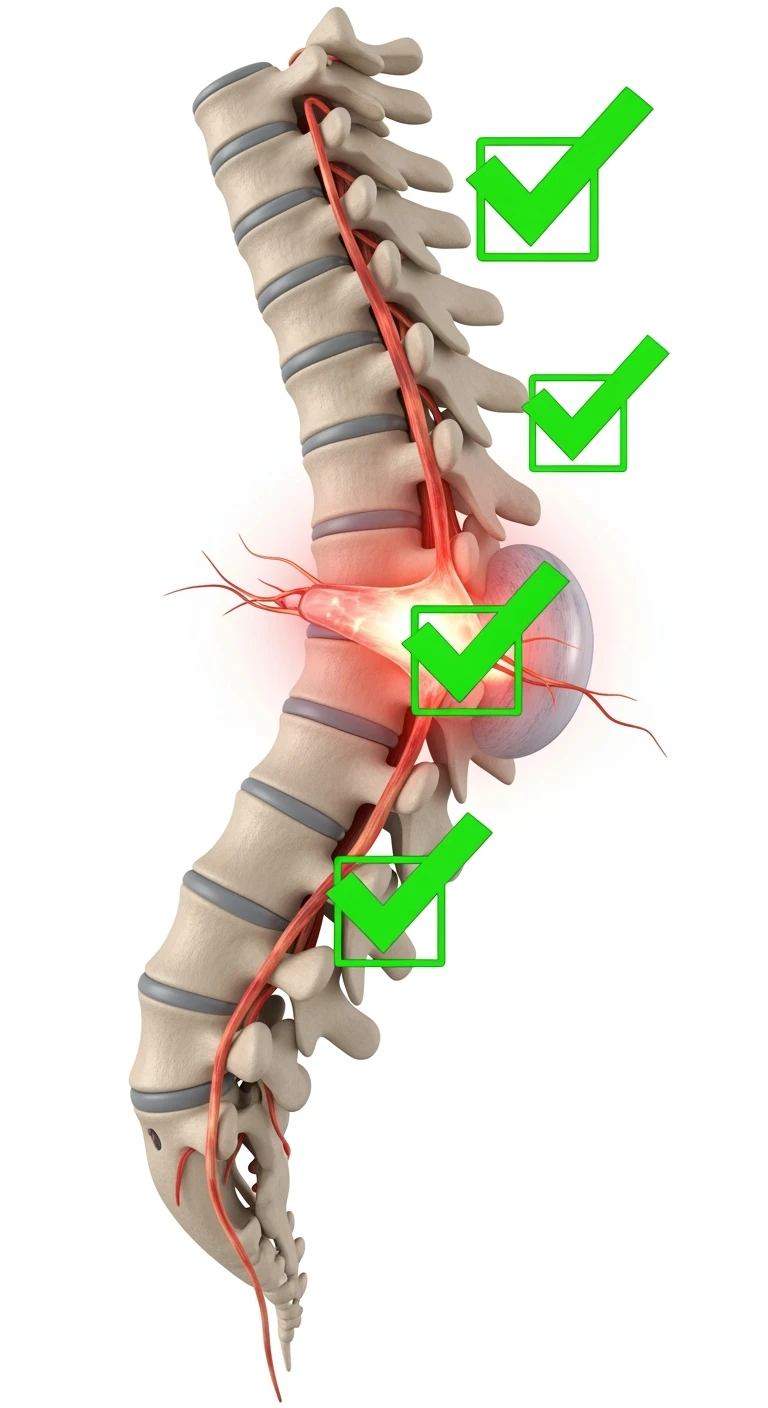 spina dorsale anatomica umana infiammata con ernia, e spunte verdi di verificato in 3d, ISOLATO SU SFONDO BIANCO emoji