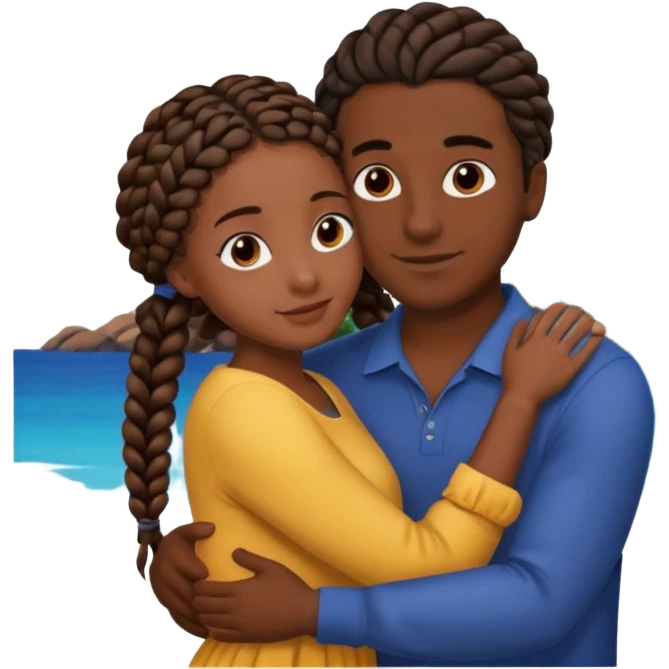 dark skin, black girl with black and brown braids, hugging her Mediterranean boyfriend with brown hair and dark skin emoji
