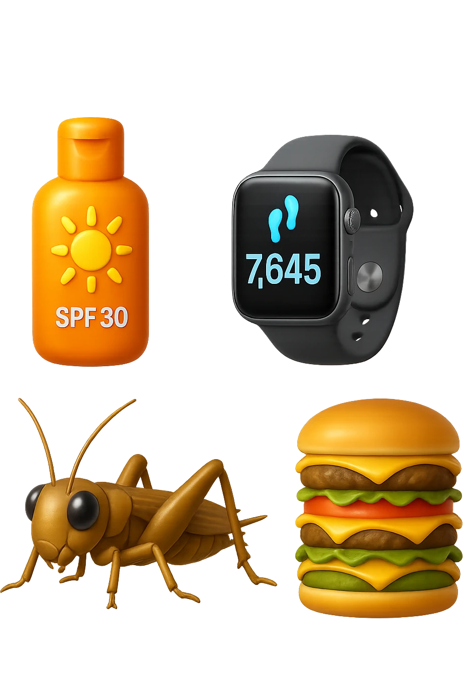 emoji stile iphone di una boccetta di CREMA SOLARE, UNO SMARTWATCH CONTAPASSI, UN GRILLO, UNA TORRETTA DI HAMBURGER FATTI CON I PISELLI, IPERREALISTICO 4K emoji