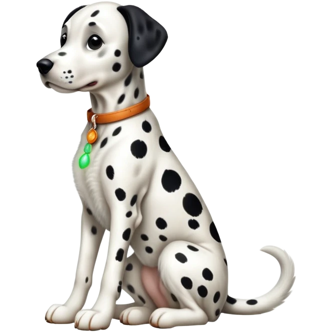 cinematic-[dalmatian dog]-realistic-full-body-sitting-emoji,-tail-resting-loosely-beside-its-paws,-head-tilted-dramatically,-sleek-[spotted]-fur,-simplified-yet-realistic-focused-features,-highly-detailed,-glowing-with-an-almost-sarcastic-glow emoji