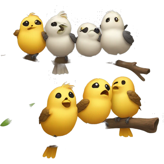 Five round and adorable little birds, chirping away in different directions, perched on a single branch emoji