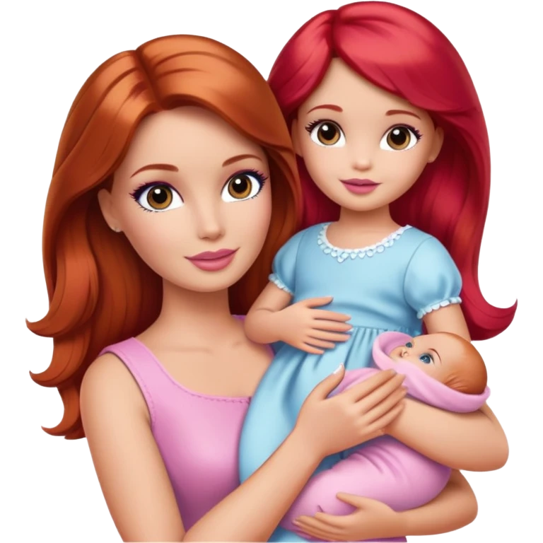 Barbie girl with makeup with brown hair with baby daughter girl with red hair by the hand emoji