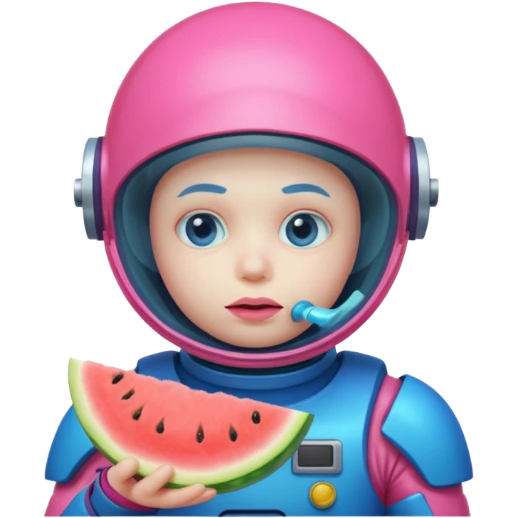 Neon pink and blue spaceman eating melon looking suspicious emoji