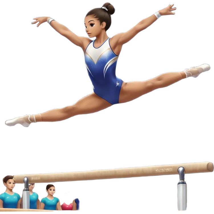 An acrobat performing a dynamic move on the balance beam, rings, or parallel bars, showcasing strength and precision. The acrobat is in mid-action, gracefully balanced, with a focused expression. The background features a professional gymnastics gym with bright lights and a cheering crowd emoji