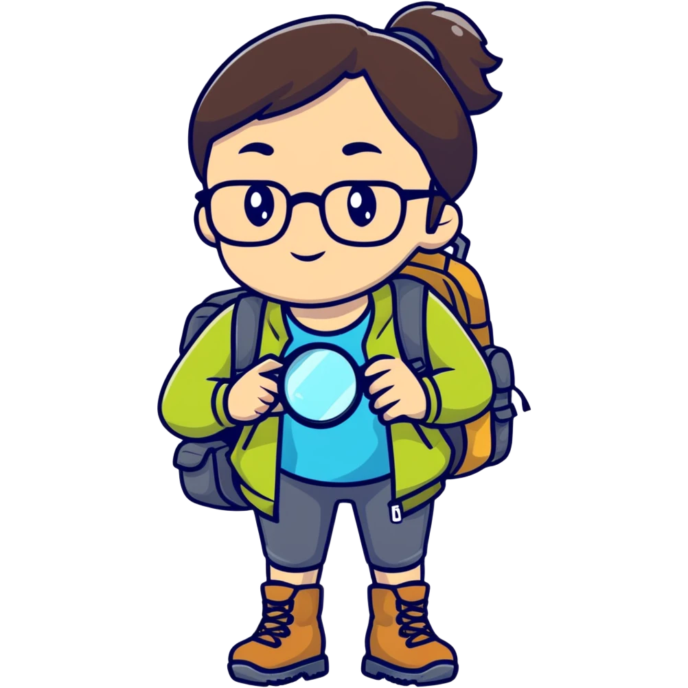 Woman in her late 30s with glasses wearing sporty outfit, hiking boots, and backpack, holding a magnifying glass and looking curious emoji