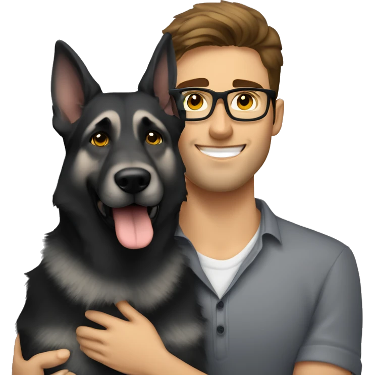 a handsome guy with brown hair, black thin stylish glasses and (grey eyes) hugging the grey german shepherd (yellow eyes) emoji