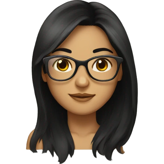 Long black hair, brown eyes and gold glasses girl emoji