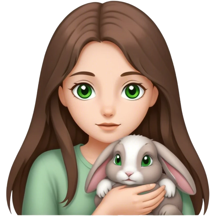 A grey, floppy eared bunny being held by a girl with long brown hair and green eyes. emoji