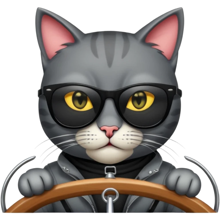 a bad kitty behind the helm of a boat. make the cat look devlishish with a pair of black ray bans wayfers on. driving the boat emoji