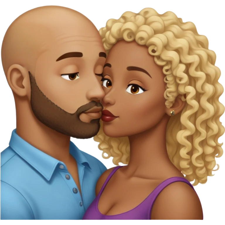 bald head man with beard kissing African woman with curly blonde hair emoji