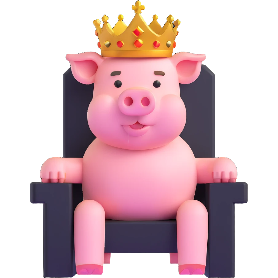Minecraft style pig with a golden crown sitting on a throne, inspired by Technoblade emoji