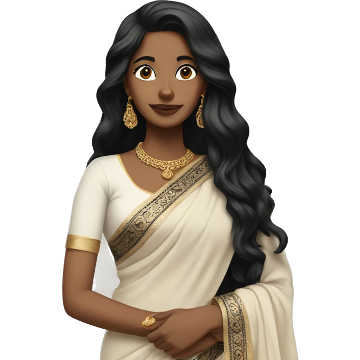 beige skin ;Black long hair wearing white saree emoji