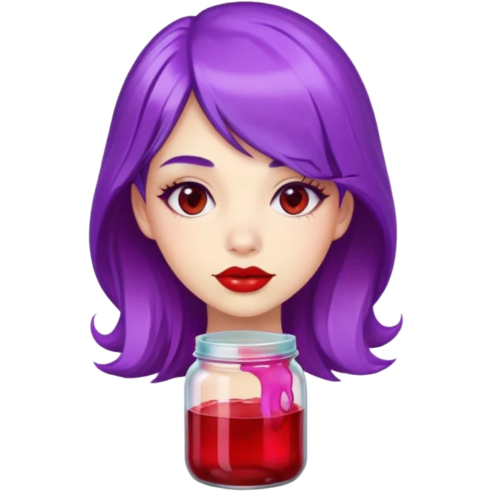 Purple haired girl with red lipstick Wearing a jar of jelly costume emoji