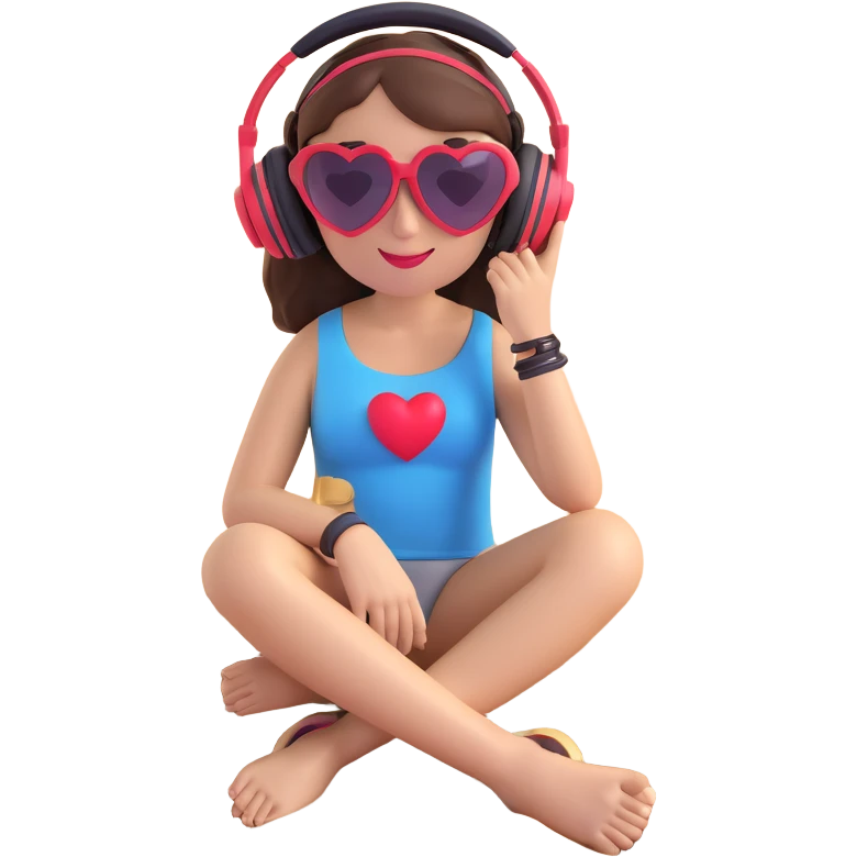 emoji style: brunette girl on sand, heart-shaped sunglasses, headphones emoji
