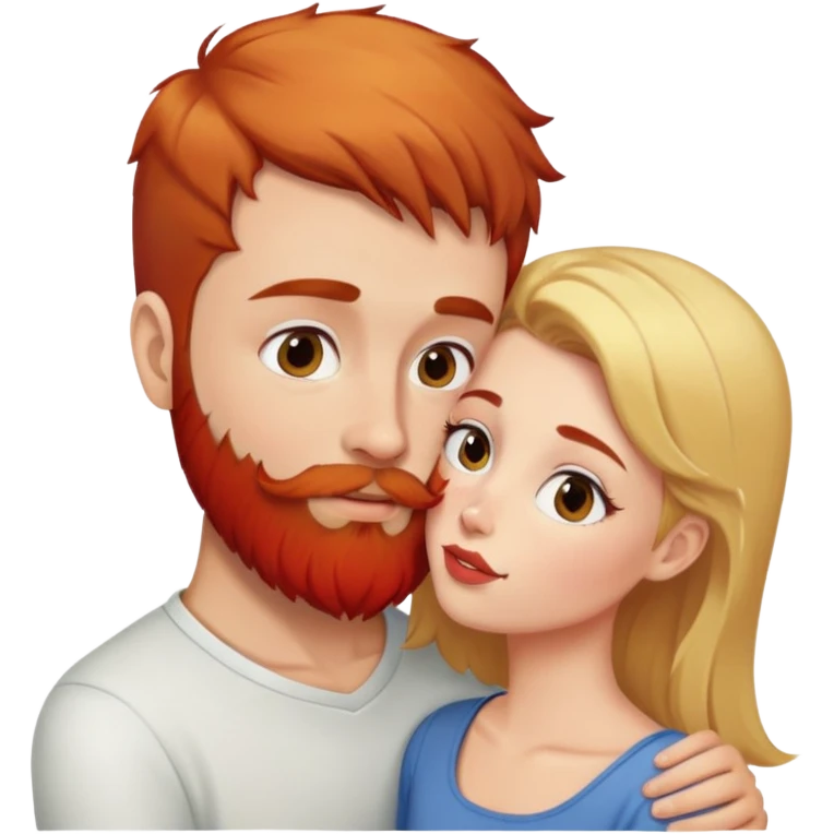 Girl with short brown hair kissing man with blonde hair and red beard. emoji
