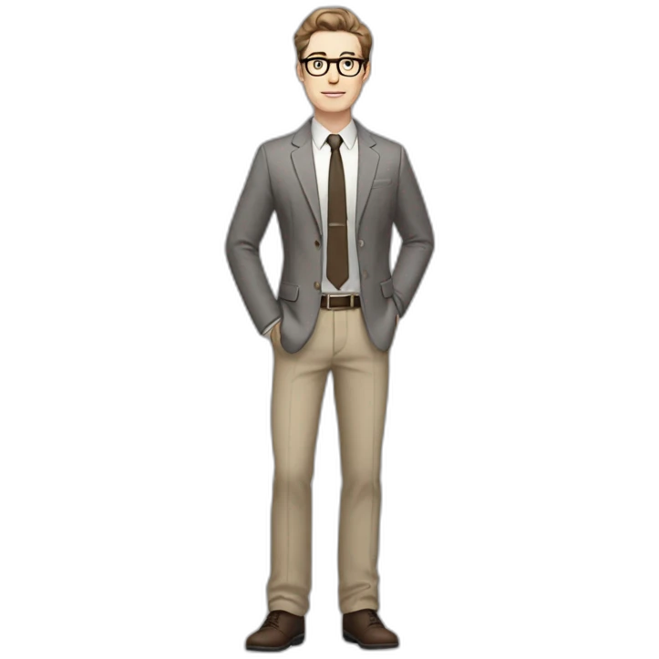 Full height Gesticulating Pale skinned fit man with dark brown hair in gray jacket, beige office shirt, brown tie, brown pants and vintage glasses. emoji
