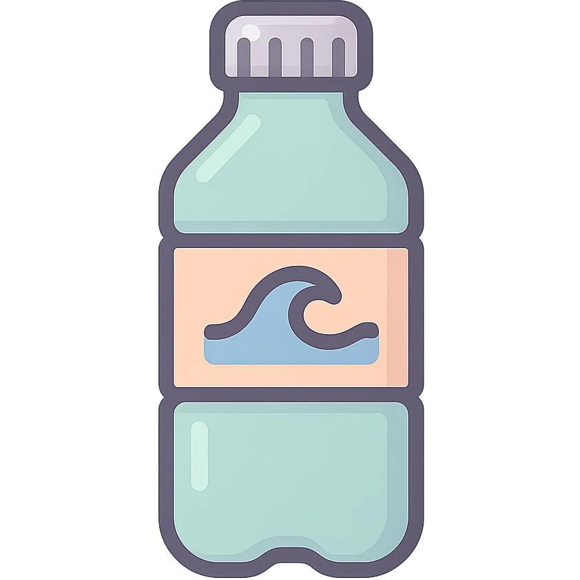 water bottle with wave on label, icon-color-outlined style, Chinese Eastern style, thin clean contours, soft rounded shapes, pastel palette #98B5BC, #B5B3C1, #C9A3C9, #E4C0CA, #F7DCD1, #F7C0AA, detailed shadows and highlights, soft lighting, transparent background, no decoration emoji