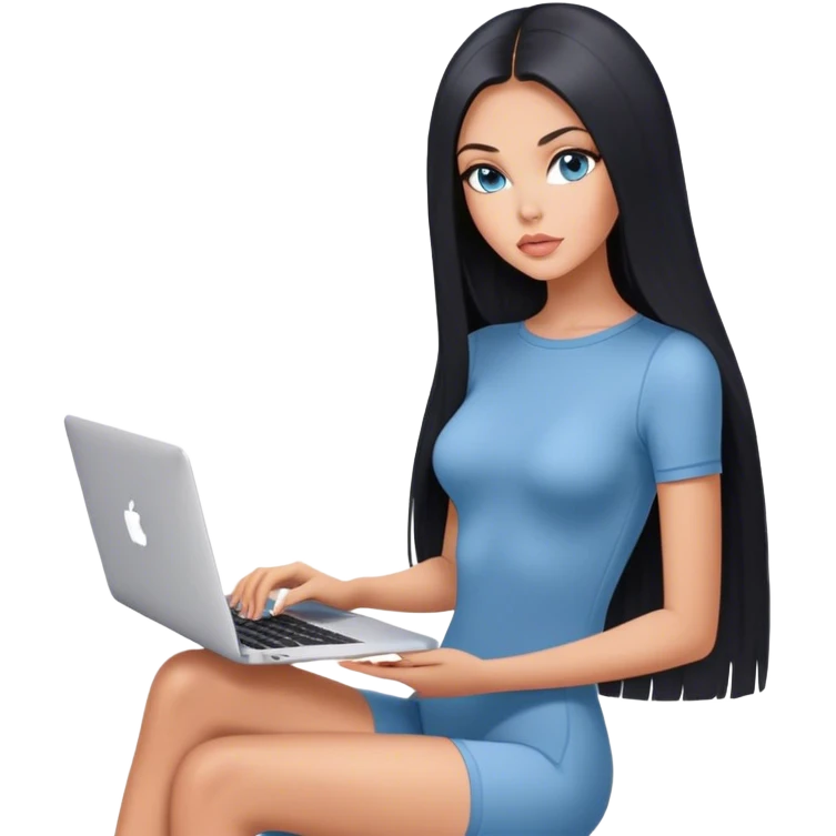 Glamours tanned very beautiful girl with pump peach nude lips and black straight smooth long hair, blue-grey eyes in beautiful short sleeves bodysuit with MacBook emoji