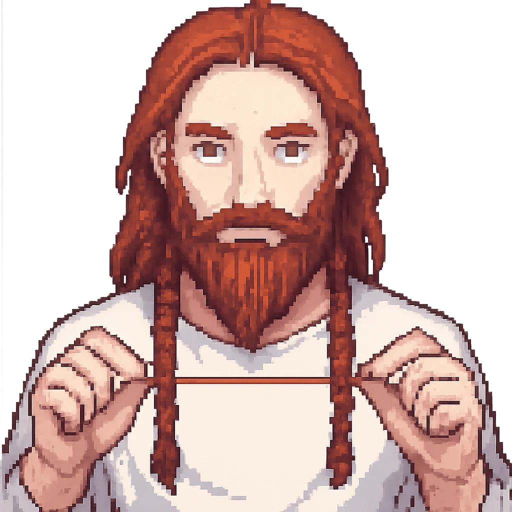 A man with a beard, long hair and a red thread in his hands, pixel art style emoji