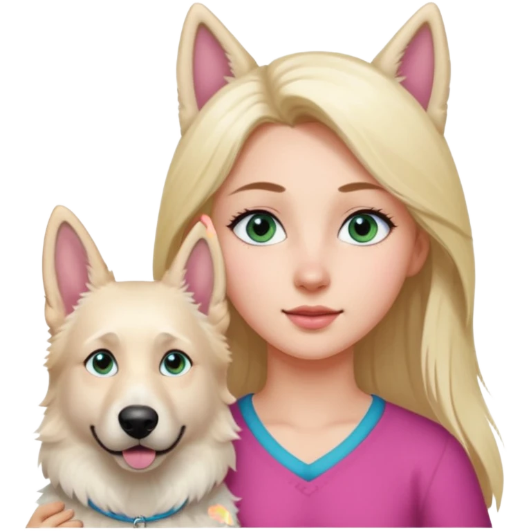 White European young woman with blue-green eyes and long blond hair with her white German Shepherd dog,the Dog hast a pink nose and short fur  and Brown eyes emoji