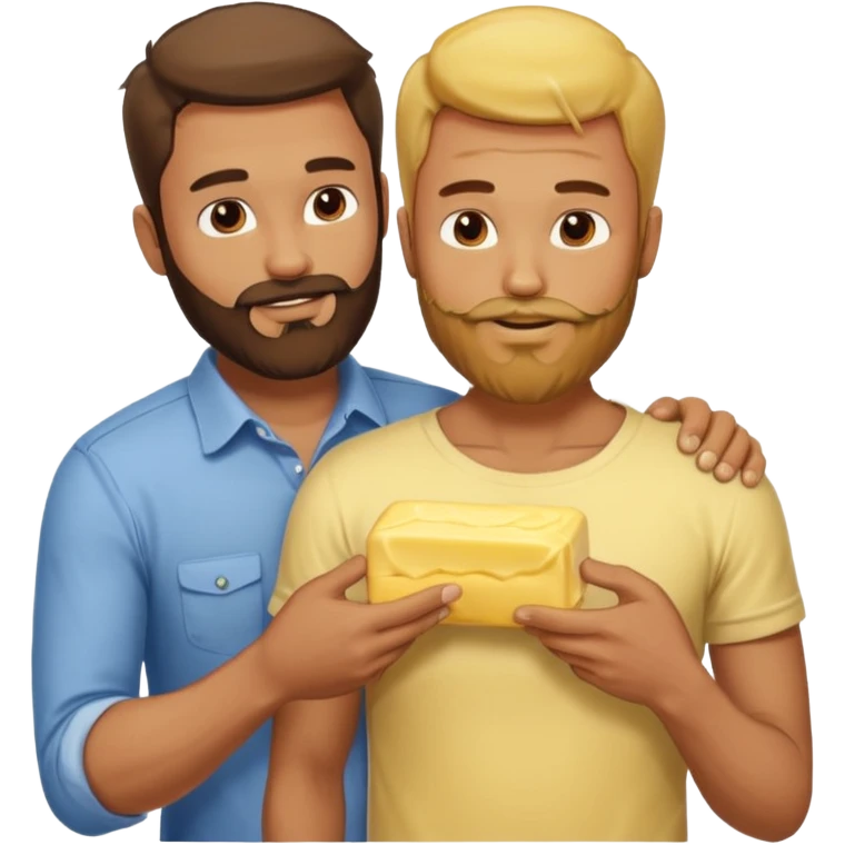 I man with beard puts butter on another man‘S back They are wearing clothes emoji