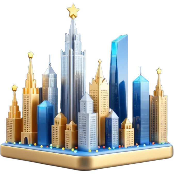 3D emoji of Moscow City business district skyline. A cluster of stylized skyscrapers with different shapes (gold, blue, silver). Decorated with tiny glowing Christmas lights. Soft 3D render, clay and glass textures, Apple aesthetic, isolated on a white background. emoji