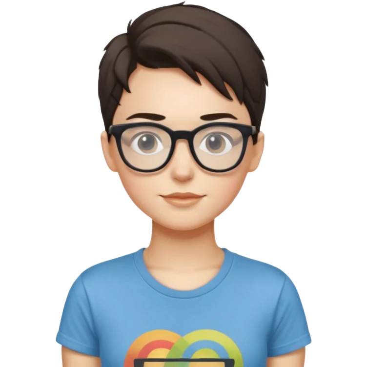 gender neutral person, chest up, wearing a graphic t-shirt and hip glasses, friendly expression emoji