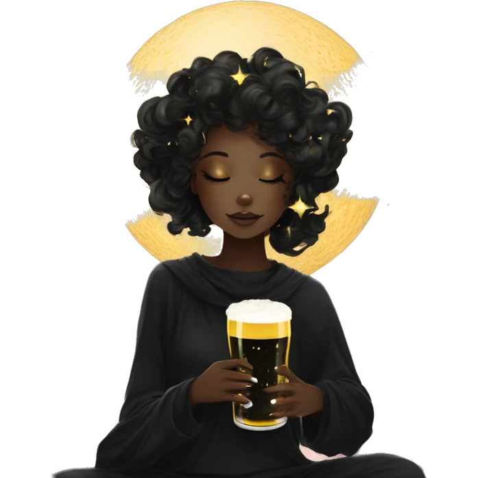 Ethereal galactic Girl wearing black and gold sat on a nebula galaxy drinking beer surrounded by golden stars and planets emoji