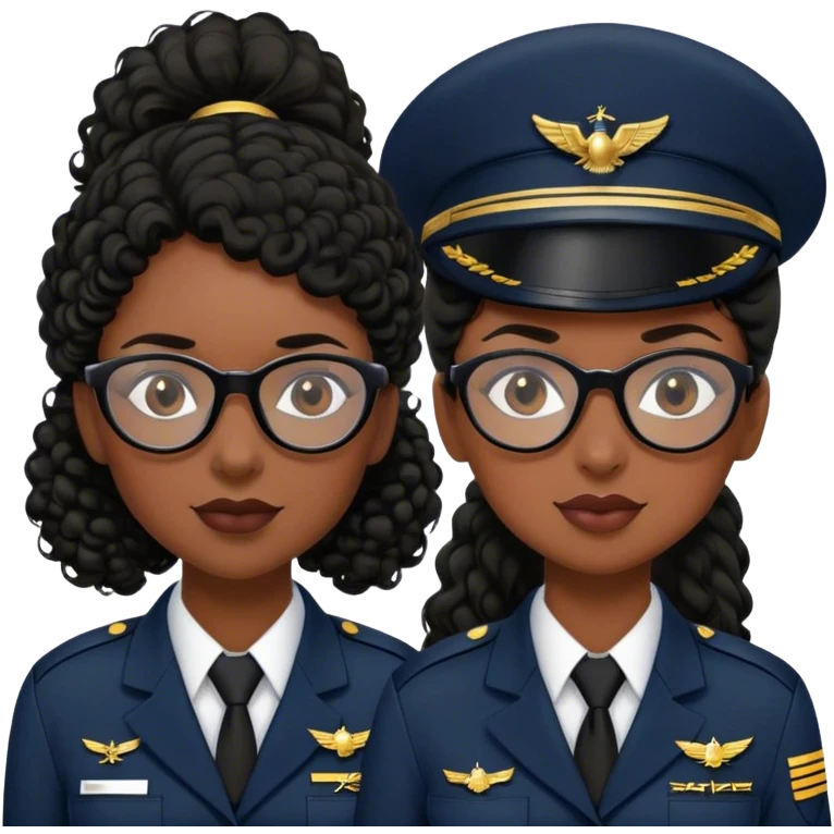 femme pilote d'avion en uniforme noir aux cheveux bouclés noir et petites lunettes arrondis identique avec des cheveux très long et la peau noir mais légèrement plus claire avec les cheveux attachés in a ponytail. 1 seule personne, cheveux moins épais  emoji