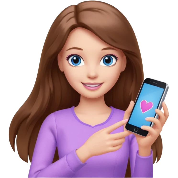 beautiful barbie girl with long brown hair, blue eyes and wearing light purple clothes playing games emoji