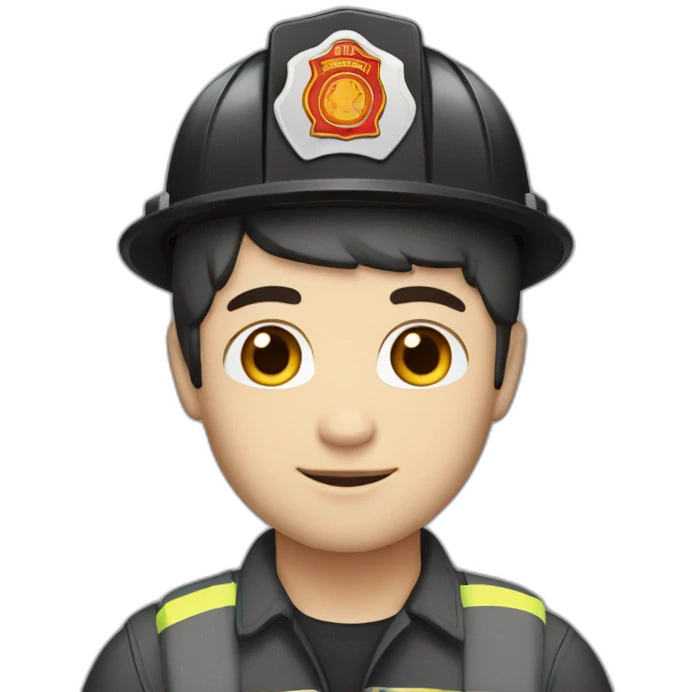 Firefighter, helmet white, EPP red black hair, man, white skin, straight hair, brown eyes emoji