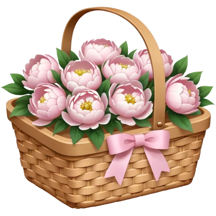 White Picnic basket with light pink bow and white peonies inside emoji