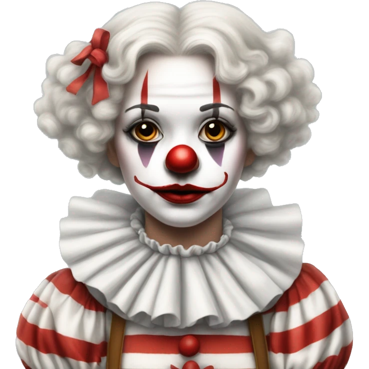 Really Sad Old fashioned girl clown in fluffy collar with clown makeup in a white and red striped clown outfit  emoji