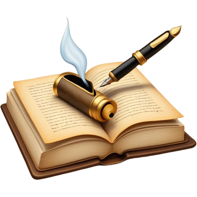 Create a vibrant emoji representing prose writing. The design should feature an open book with pages showing unfinished prose, a classic fountain pen or quill with black or dark blue ink, and a raritet ink pot next to it. The pages should have visible lines of text, but some should remain unfinished, symbolizing the creative process. Use warm, earthy tones like brown, gold, and cream for the book and background, with the ink and pen in black or dark blue. The emoji should convey the idea of storytelling, creativity, and the unfinished nature of literary work. Make the background transparent. emoji