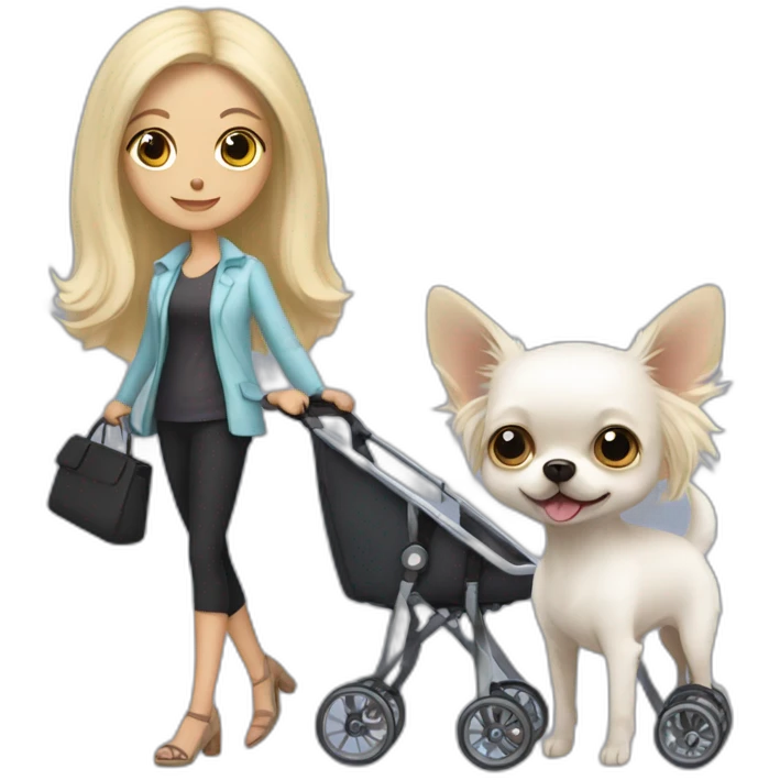 Longhair white chihuahua in a stroller next to woman with long dark hair and woman with short blonde hair emoji