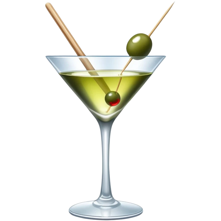 martini glass with crystal clear transparent liquid and an olive at the bottom skewered by a toothpick emoji
