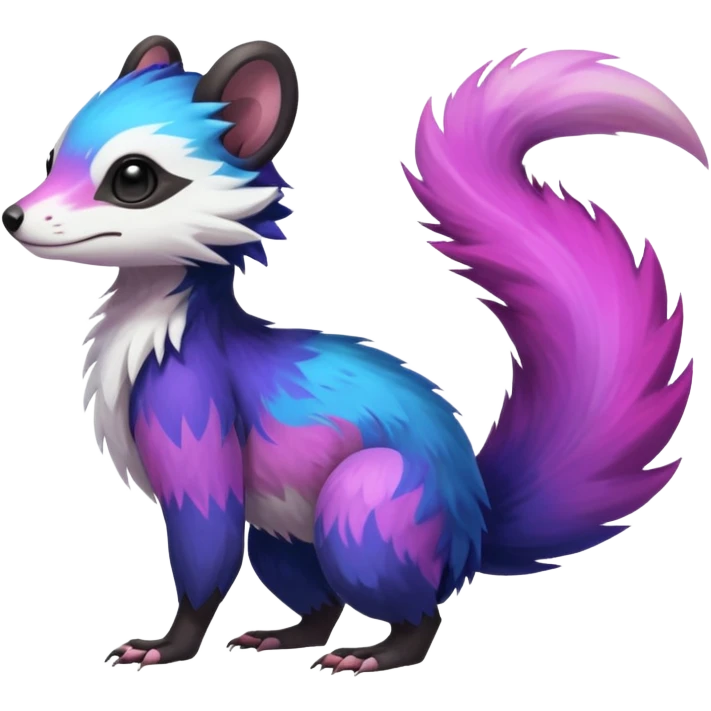 Colorful diaphanous Trico-Sergal-Skunk-Ferret-Furret-Marsupial-Vernid-fusion-Fakemon-animal-hybrid-creature, full body emoji