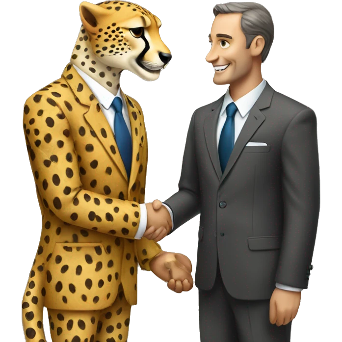 A cheetah in a classic suit shakes hands with a man  emoji