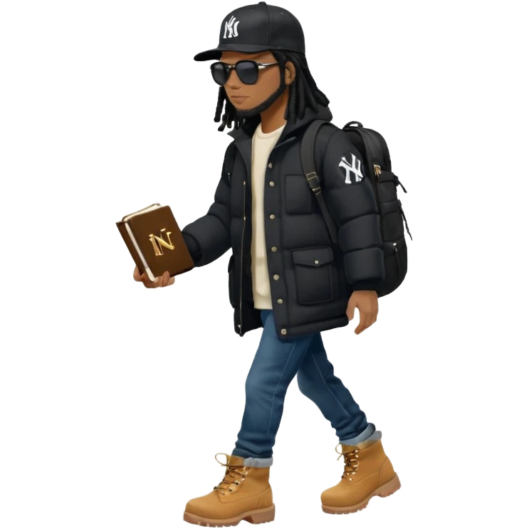 African American man with shoulder length black dreadlocks and black sunglasses wearing a black New York Yankees baseball hat with a North Face brand bubble winter coat with denim skinny jeans and timberland boots walk holding a holy bible in hand emoji