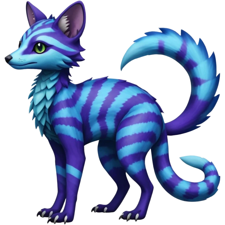 Realistic zig-zag-patterned striking indigo-violet-blue-cyan-gradiented with dark undertones, white underside, thunderous stormy edgy badass realistic Vernid-Sergal-Genet-Trico-species by LiLaiRa, full body emoji