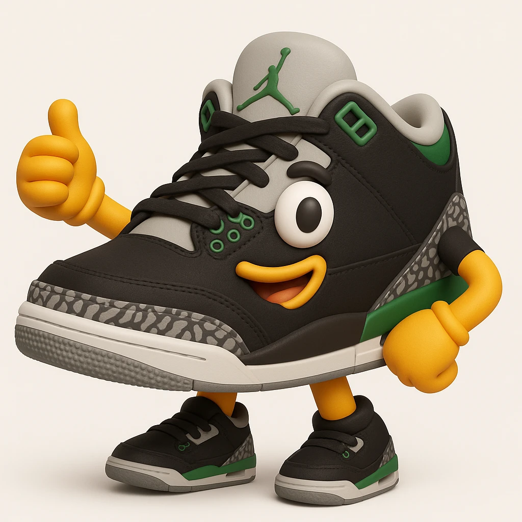 Create a 3D emoji style sneaker based on the provided reference image, adding arms, legs, and a winking facial expression. The style should resemble Microsoft style 3D fluent emojis with a playful and friendly look. emoji