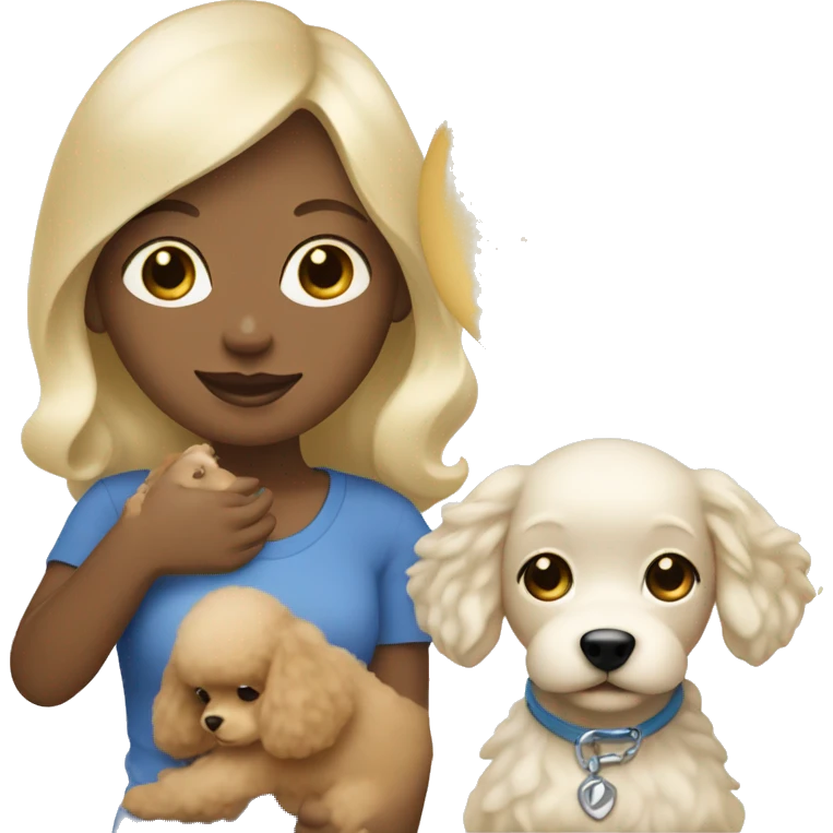 Blonde lady with blue eyes, straight hair  holding poodle puppy cream  emoji