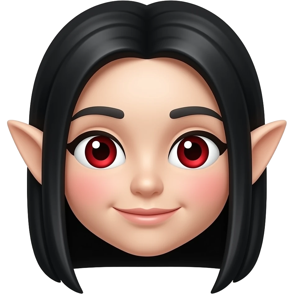 카툰 입체 이모티콘.흰 피부. 붉은 동공. 살색 날카로운 귀. 큰 눈. 새하얀 피부. 붉은 홍조. 검정 긴생머리. emoji