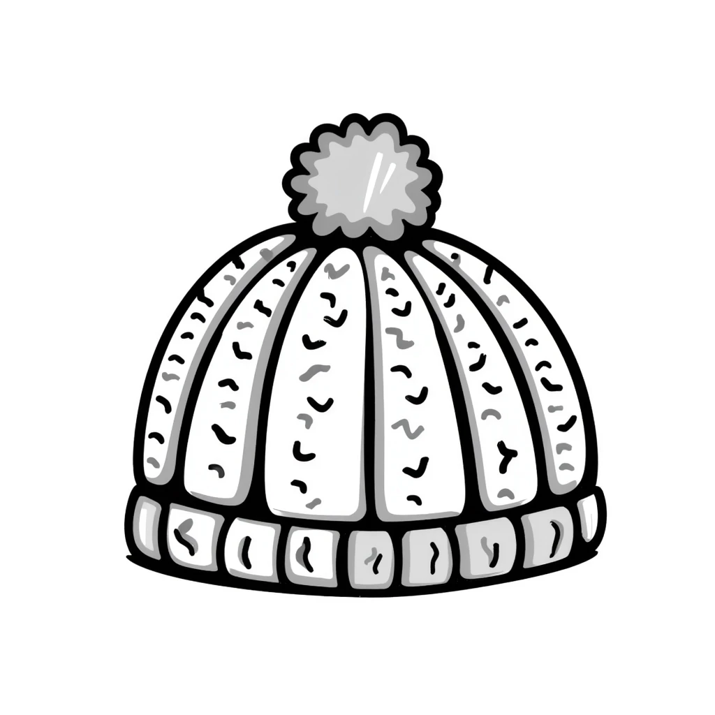 A knitted hat/beanie in pastel colors (dd9fb0, ffc6d3, a3bfc9, c4bee2, f1b091), hand-drawn doodle style emoji